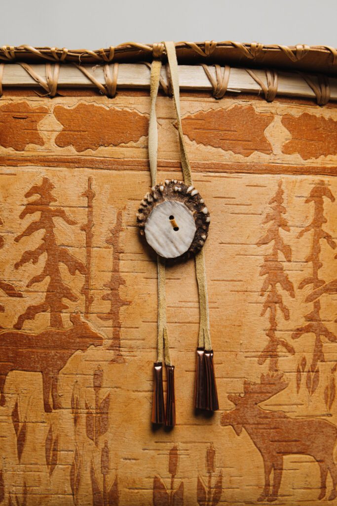 image for Helen Pelletier, Loch Lomond-For my Dad and Brothers, 2023. Detail. Winter birchbark, spruce root, cedar, moose antler, deer hide. Photo Credit Chondon Photography. Courtesy of the artist
